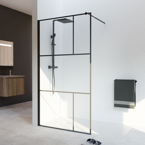 Cuisibane – Paroi de douche industrielle noire 110 cm – Verre trempé 8 mm – Profilé alu noir mat – Système Stop Water pour étanchéité (1/6)
