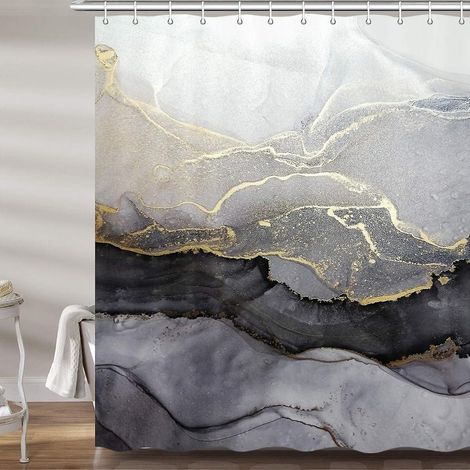 Rideau de douche effet marbre pour salle de bain, ensemble de rideau de douche abstrait moderne en tissu noir et or (1/5)