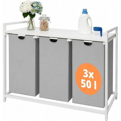 Relaxdays Wäschesammler mit 3 Wäschesäcke, 150 L, Holzoptik Ablage, HBT: 73,5 x 109,5 x 33 cm, Wäschekorb, grau/weiß (1/5)