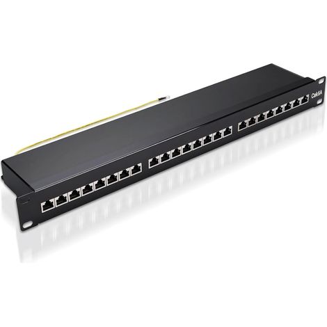 Geschirmtes CAT 6a 24-Port-Patchpanel – 19 Zoll für Rack- oder Servermontage – 19-Zoll-RJ45-Patchpanel, kompatibel mit Cat5e, Cat6, Cat6a, Cat7 – 10 Gbit/s, Schwarz