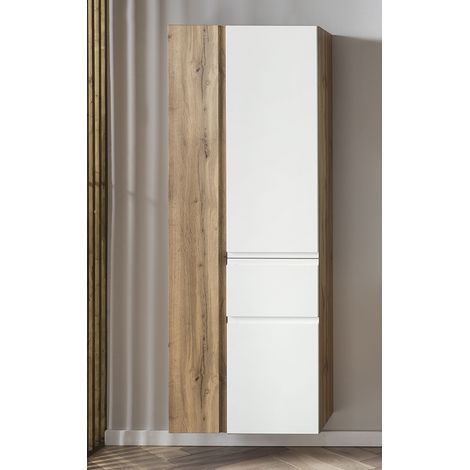 Badezimmer Hochschrank mit Schublade 65cm VASTO-03-WHITE in Wotan Eiche Nb. mit weiß matt, B/H/T ca. 65/180/35 cm (1/5)