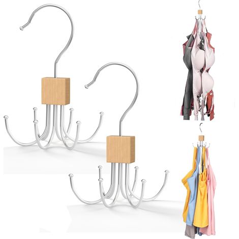 Porte-manteau multifonctionnel à 6 crochets - Rotation à 360°-Pour vêtements, foulards, ceintures, cravates-Couleur bois-Lot de 2 (1/5)