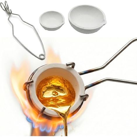 Hochwertiges Metallschmelzset mit 2 Quarztiegeln (100 g + 250 g), hitzebeständig bis 1500 °C, Spezialzange, konischen Wänden und Ausgießer. Ideal zum Schmelzen von Gold, Silber und Edelmetallen. (1/5)