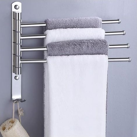 Barre Porte Serviettes Pivotante à 180 Degrés, Porte-Serviettes Mural Chromé avec 4 Bras, Porte Serviettes Salle de Bain, Sèche-Serviettes en Acier Inoxydable SUS304 avec Crochet (1/5)