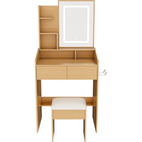 Tocador con espejo LED, enchufe, soporte para secador y taburete acolchado, MDF natural (1/5)
