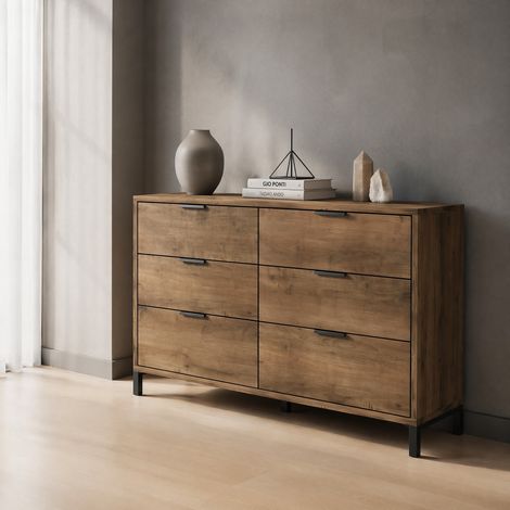 MEUBLIV Commode 120 x 40 x 76 cm chêne foncé – 6 tiroirs, structure métal robuste (1/5)