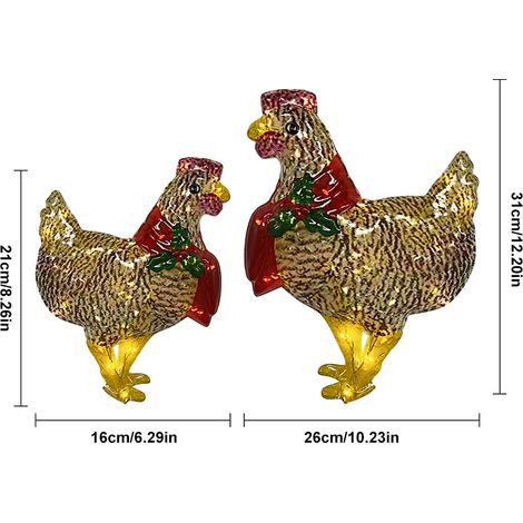 Décorations lumineuses en forme de poule avec écharpe, sculpture de coq pour jardin extérieur, piquets de jardin, cadeaux de Noël pour les amoureux du jardin.