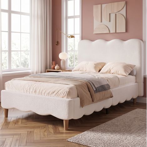 Letto per bambini 90x200 con rete a doghe e testiera bouclé bianco DESVIAE (1/5)
