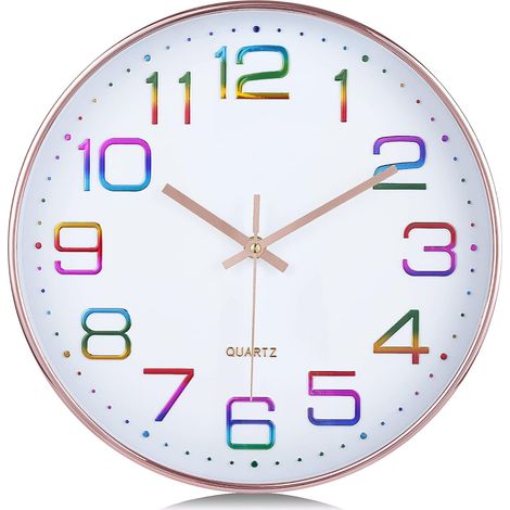 3D Multicolor Numbers Wall Clock, Modern Silent 30cm Rose Gold Wall Clock, Easy to Read Non-Ticking Decorative for Kitchen Living Room (1/5)
