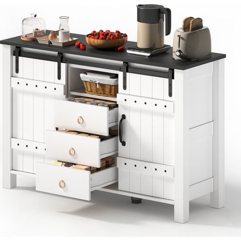 Buffet 120 cm, avec 3 tiroirs et portes coulissantes, avec plateau en bois, Offre un espace de rangement généreux, idéal pour les cuisines, les salles à manger et les salons, Blanc (1/5)