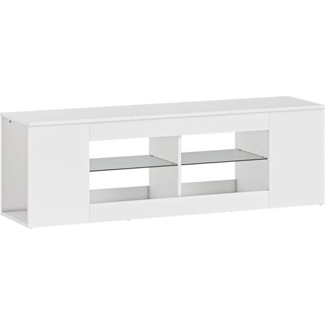 TV-Möbel 140 cm Weiß mit 6 Fächern und 2 Glasböden, Spanplatte, für TVs bis 65 Zoll (1/5)