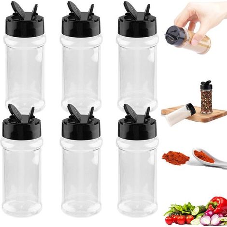 6 barattoli di plastica per spezie con coperchi dosatori, bottiglie trasparenti per spezie, contenitori di plastica per spezie, bottiglie dosatrici vuote per la conservazione (1/5)