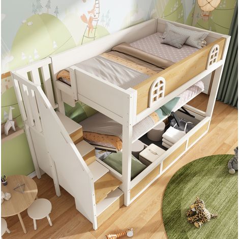 Etagenbett Treppenschrank Stauraum 90x200 Naturweiß OKMYHOME (1/5)