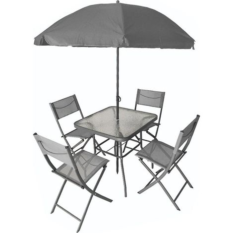 TrAdE Shop Traesio - Set Giardino Sharm Tavolo Con Ripiano Vetro 70x70cm 4 Sedie Pieghevoli Ombrellone Parasole - Grigio (1/2)