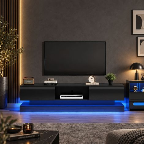 Meuble TV 160x35x40,5 cm noir brillant, LED contrôlée par App Bluetooth, 2 tiroirs, anti-basculement, pour TV jusqu’à 60 pouces (1/5)