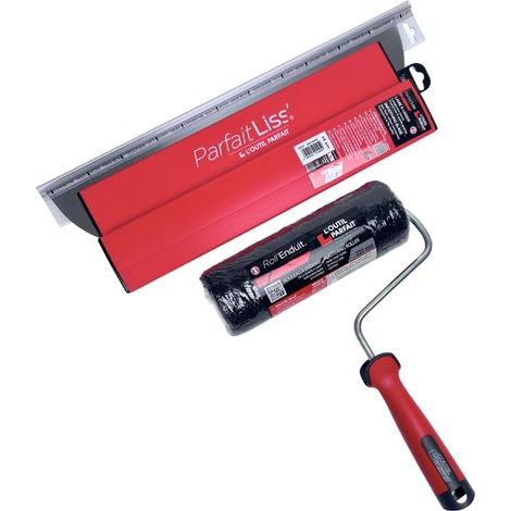 2 - Kit Plaquiste - Lame à Lisser - Rouleau à Enduire - Finition Murs et Plafonds - Acier Inoxydable et Fibres - Rouge et Gris - 35x45 cm et 22 cm