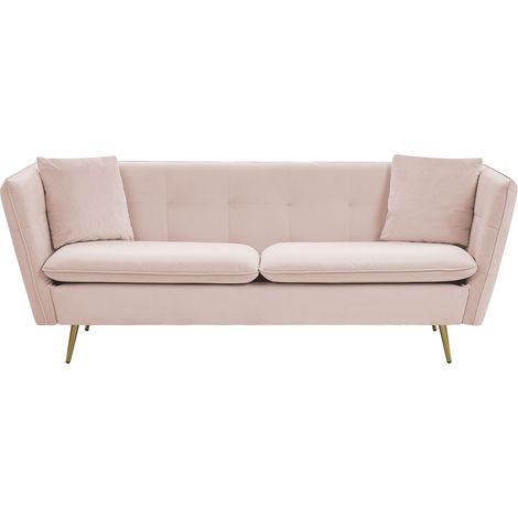 Sofá 3 plazas con acolchado de botones decorativo en tela de terciopelo rosa con mechones Frederica