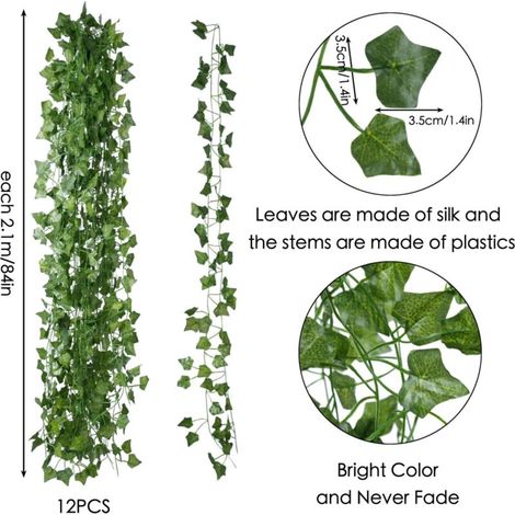 Guirlande de lierre artificiel 12 pièces – 2,1 m, 72 feuilles – Décoration intérieure et extérieure, brise-vue et ambiance naturelle