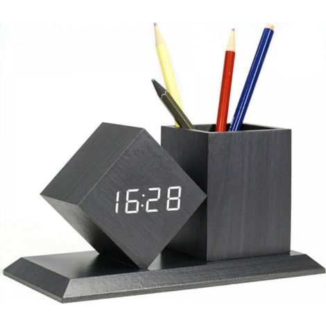 Black Wooden Digital Alarm Clock, 12/24H Weekday Mode, Date Display, 3 Alarm Settings with Pen Holder (1/4)