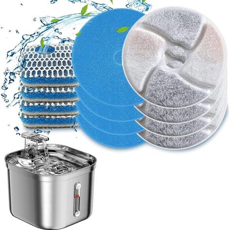 KLVGTIFS PU - Filtre carré en acier inoxydable pour fontaine à eau pour chat, lot de 6 filtres de rechange, système de filtration en 3 étapes, filtre à charbon actif pour fontaine à eau de 73 6 pouces (1/2)