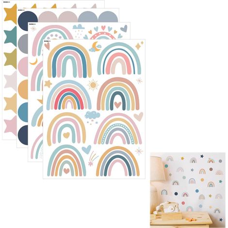 Sticker mural autocollant arc-en-ciel avec étoiles à pois, stickers muraux colorés pour chambre d'enfant, chambre de bébé, chambre à coucher (1/5)