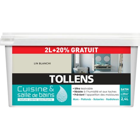 Tollens – Peinture satin ultra lessivable 2L – Résistante à l'humidité – Pour cuisine et salle de bains – Couleur lin blanchi