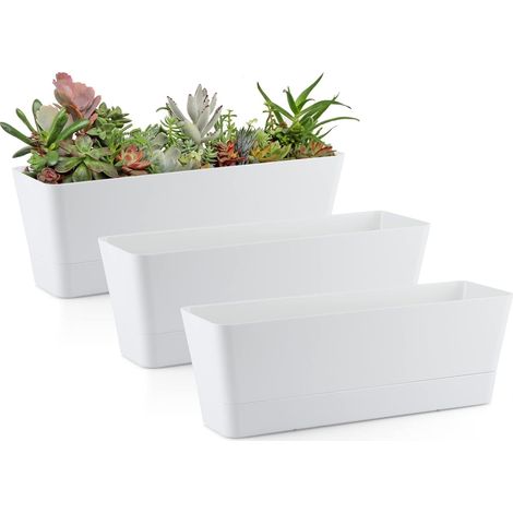 3 Pcs Petit bac a Fleurs rectangulaire, Pot de Fleurs rectangulaire en Plastique, jardinieres Exterieur Balcon pour Plantes succulentes, Herbes, Cactus (Blanc) (1/5)