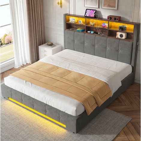 Letto matrimoniale contenitore 162.5x220x131 cm, testiera multifunzione con 6 vani, USB-C, LED, velluto, grigio scuro (1/5)