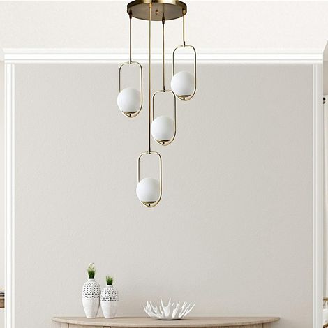 Suspension vintage cuivrée 4 globes blancs sur cadres SIERRE (1/4)