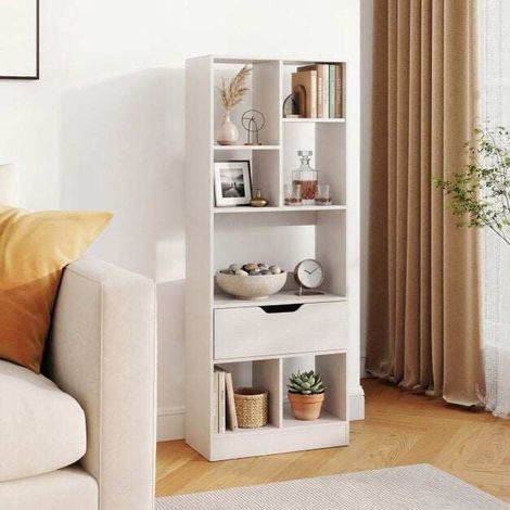 White Tall Bookshelf with Drawer and 7 Open Cubes (1/5)