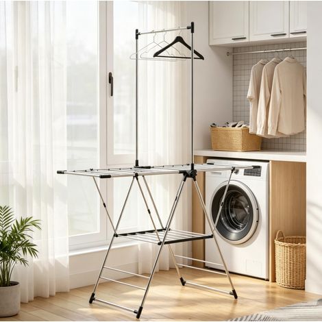 Tendedero plegable de acero inoxidable con alas ajustables y 4 soportes para zapatos (1/5)