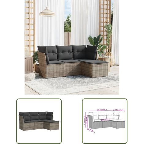 The Living Store Salon de jardin 4 pcs avec coussins gris résine tressée - Ensemble Salon De Jardin - Mobilier Extérieur - Canapé Jardin - Résine Tressée - Rotin Synthétique (1/3)