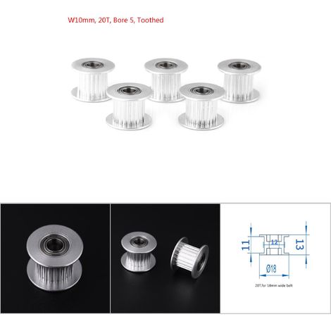 5 Stück Aluminium-Zahnriemenscheiben 2GT als Zubehör für 3D-Drucker (Durchmesser 10 mm, 20 Zähne, Loch 5, gezahnt) (1/5)