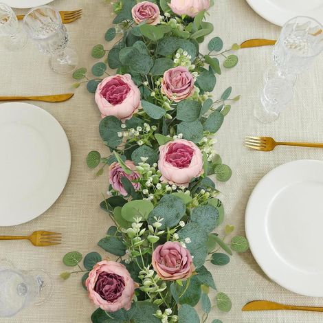 Branche d'eucalyptus - Guirlande de fleurs artificielles faite main avec pivoines et roses - 2 pièces - Décoration florale rose pour mariage (1/5)