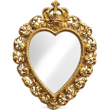 Miroir Coeur et Couronne Orné d'arabesques en résine dorée Patine Antique 19 cm x 14 cm (1/3)