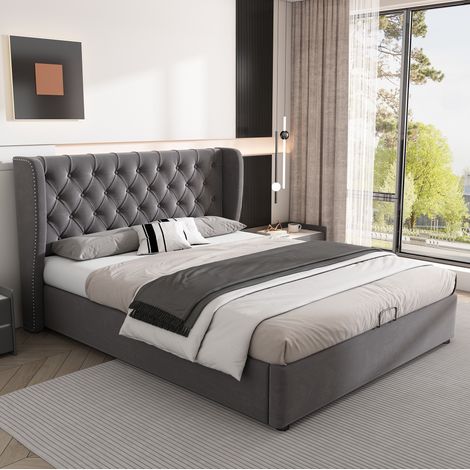 Bett Doppelbett Stauraum 140x200 Samt Grau OKMYHOME (1/5)