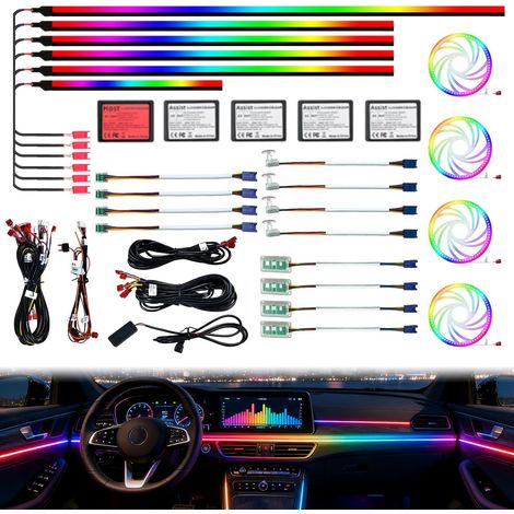 Éclairage intérieur de voiture, 22-en-1 56 cm de bandes LED néon en fibre optique acrylique colorées, éclairage d'ambiance décoratif universel avec rythme synchronisé à la musique, contrôle par (1/5)