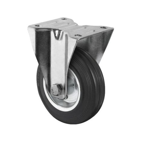 Rueda de goma y metal con soporte fijo con diámetros desde 80 mm hasta 125 mm para pesos de hasta 150 kg Ø125mm x 38mm Placa 105 x 80mm Taladro 9mm Alto 155mm 145kg