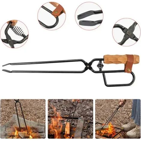 Pince à charbon de bois en métal et bois pour barbecue, pince à charbon à long manche, pince à barbecue de camping à ressort de compression, accessoires de plein air, réchauds de cuisine portables