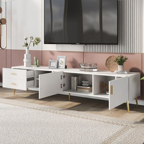 Support TV pour téléviseurs 75 pouces, lowboards, centre de divertissement, centre de divertissement moderne, console multimédia (blanc) (1/5)