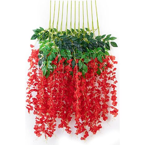 12 Pack Wisteria Hanging Flowers, Simulated 6 Leaves Wisteria Decoration Silk Flower Artificial Faux Indoor Vine Wisteria Ornament for Home (Red) (1/5)