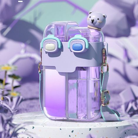 Gourde Kawaii tendance en plastique, double gourde avec paille et sangle ajustable, idéale pour le sport et les voyages en extérieur, couleur lavande et violet, 780 ml (1/5)
