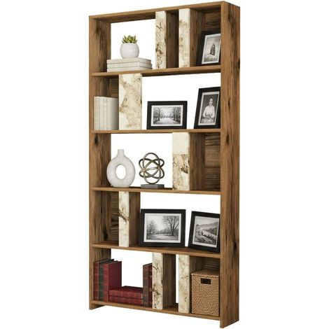 Dmora - Libreria Algieba, Scaffale da ufficio, Mobile portalibri, Biblioteca, 90x20h180 cm, Noce e Bianco Marmo, con imballo rinforzato, con imballo rinforzato