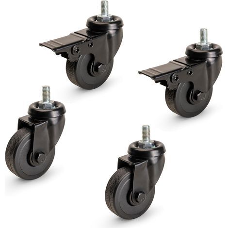 Set of 4 Black Casters with Bolt, 50mm Diameter, Plastic and Steel, Black (1/4)