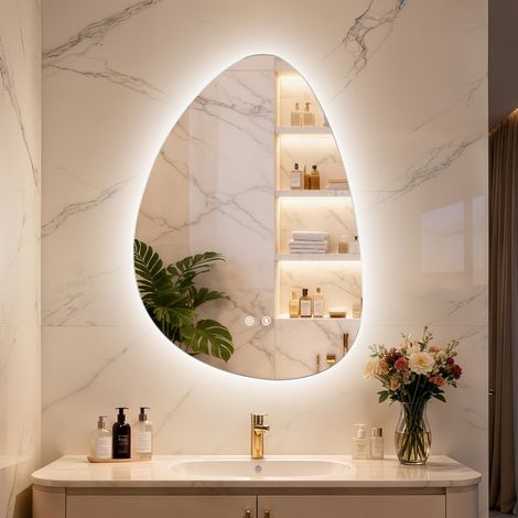 LUVODI – Espejo baño LED asimétrico – Espejo plateado HD de vidrio templado – Luz LED 3 colores regulables – IP66 Antivaho – 50 x 70 cm (1/5)