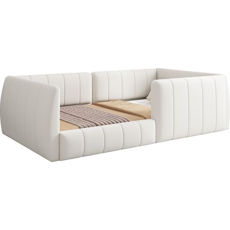 Lit rembourrée capitonné 90x200cm avec barrières de sécurité tête de plateforme, lit simple design moderne confortable pour chambre enfant ado, beige (1/5)