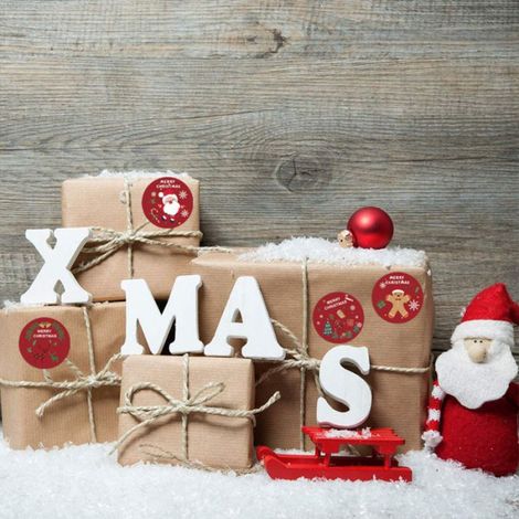 500 Autocollants, Rond rouge 2,5 cm, Vinyle semi-brillant, Motifs Noël, Décoration enveloppes cadeaux (1/4)