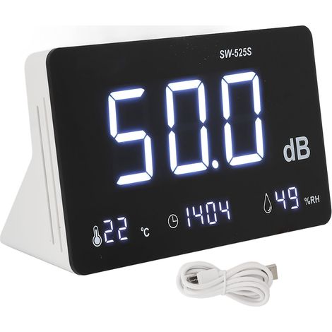 Sound Level Meter 4 in 1 Noise Decibel Temperature Humidity Time Display Meter with Audible Visual Alarm