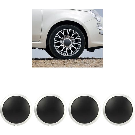 Vier verchromte Radkappen in verschiedenen Farben erhältlich, Teilenummer 68078419AC. Passend für FIAT 500 (2007–2019). Weiße Felge mit roter Schrift. (1/5)
