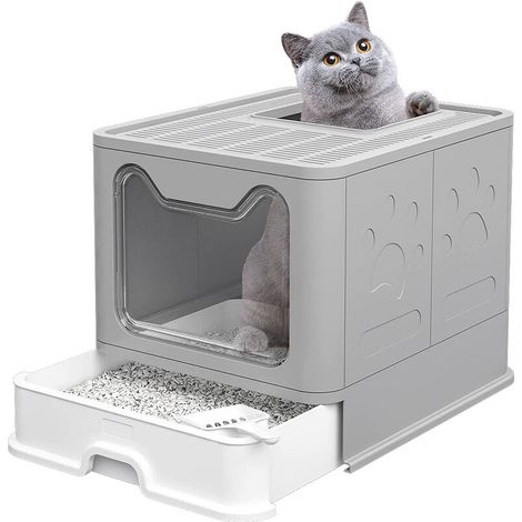 Bac Litière Chat avec pelle Bac à litière Pliable 514138cm - Maison de Toilette Chat Fermée (1/5)